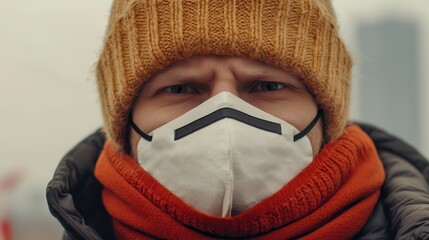 Chronic pollution harms air and health. Person wearing a mask and hat in a winter setting.