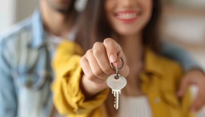 Woman with house key and her blurred boyfriend on background, closeup of hand