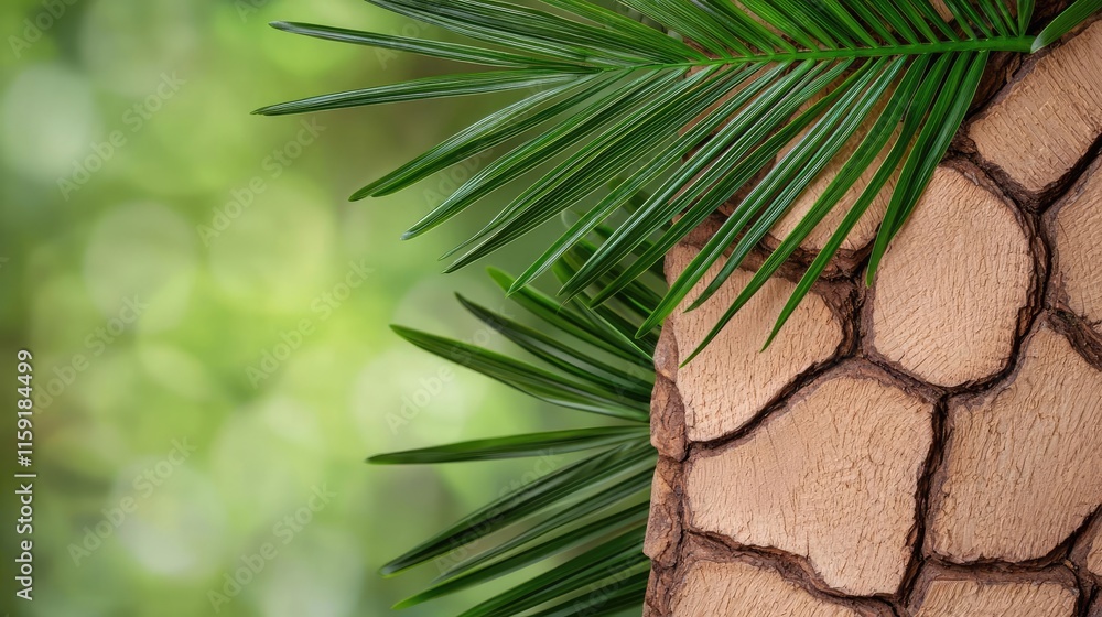 Poster palm tree abstract background idea. close-up of palm tree trunk with green leaves in soft, blurred b