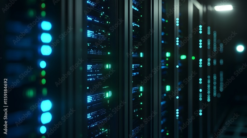 Poster illuminated server racks in a modern data center