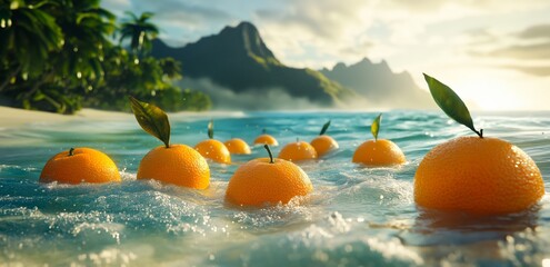 Oranges bob in the gentle waves of a tropical beach with mountains in the background.