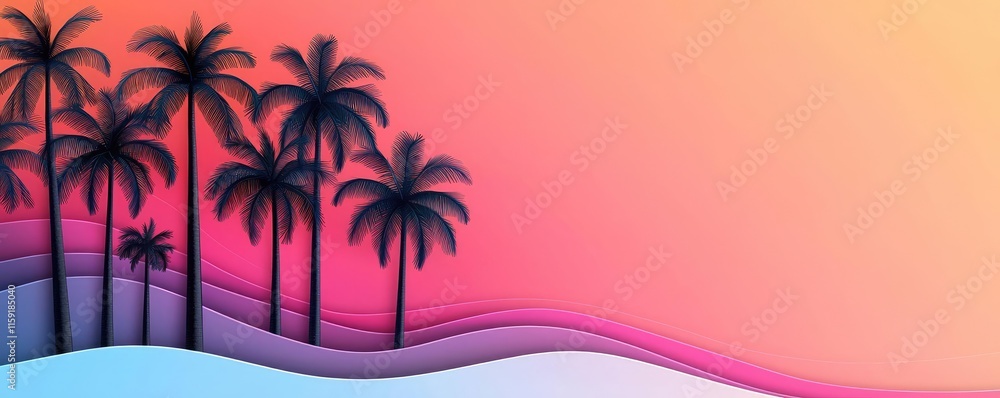 Poster palm tree abstract background idea. vibrant sunset with palm silhouettes and colorful waves creating