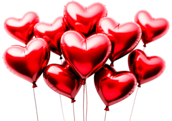 Cluster of shiny red heart-shaped helium balloons, love and Valentine's Day symbol, isolated on transparent background