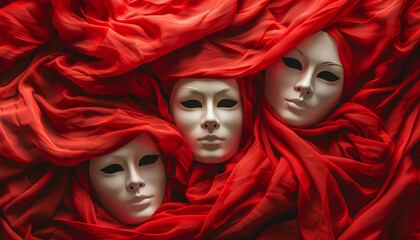 Theater arts. White masks on red fabric, above view
