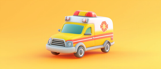 Fototapeta premium Cute Cartoon Ambulance on Yellow Background.