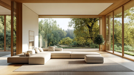 Modern living room with large windows showcasing a serene outdoor landscape in day light