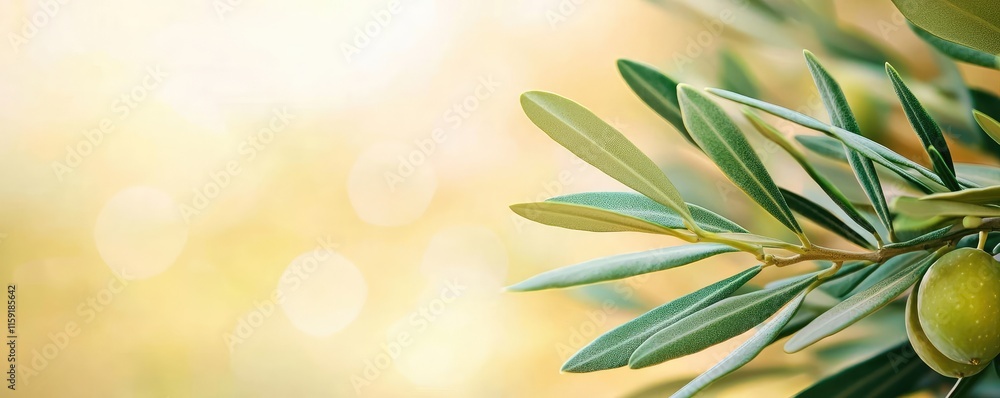 Poster olive tree abstract background concept. close-up of olive leaves with sunlight creating a soft, warm