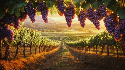 Fototapeta premium Ripe grapes hang heavy on the vines overlooking a vast vineyard at sunset.