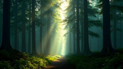 Obraz premium Sunlit Forest Path Mystical Green Trees Soft Light Nature Scene