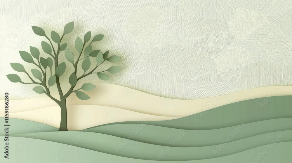 Poster olive tree abstract background concept. stylized tree with layered landscape design in soft green to