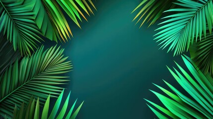 Obraz premium Palm tree abstract background idea. Vibrant green palm leaves frame a serene turquoise background, perfect for tropical themes.