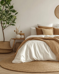 Cozy bedroom with neutral tones and natural elements inviting relaxation and comfort