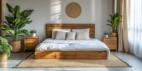Modern cozy bedroom featuring natural elements with plants and wooden furniture