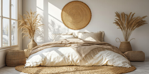 Cozy bedroom with neutral tones and natural decor in soft morning light