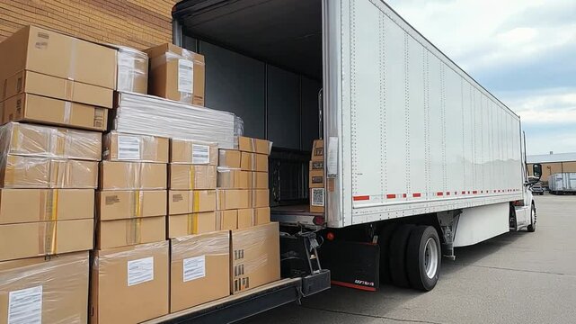 A delivery truck is parked at a warehouse, unloading numerous packages during the day, highlighting the efficiency of logistics operations