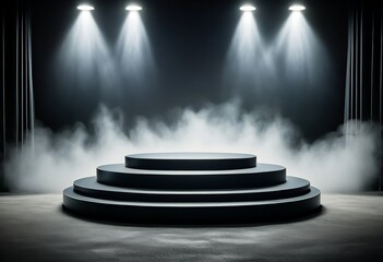 Obraz premium Black Podium with Smoke and Spotlight - Dramatic Abstract Stage for Product Display in Dark Studio. Created with generative AI technology