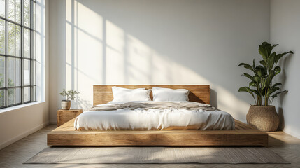 Modern bedroom with wooden furniture and natural light creating a serene atmosphere