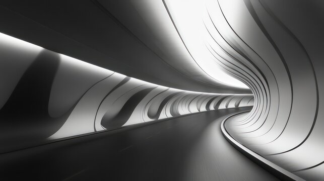 Abstract grayscale image of a futuristic, curved tunnel with bright light at the end. - Powered by Adobe