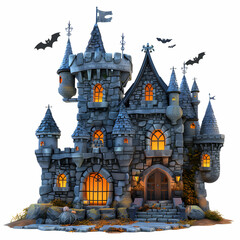 Spooky Gothic Castle with Turrets and Bats for Halloween Theme