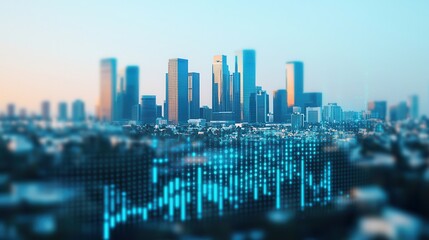 Chronic pollution harms air and health. City skyline with digital financial graphics overlay.