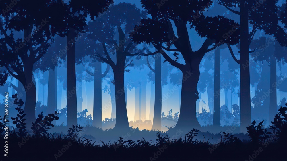 Poster dark forest with faint light illuminating tall trees during twilight hours in a mysterious atmospher