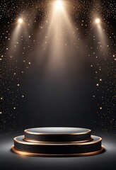 Elegant Black Podium with Golden Glitter and Spotlight Background - Perfect for Product Displays. Created with generative AI technology
