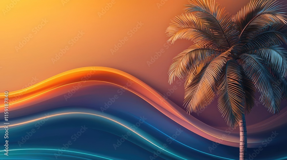 Poster palm tree abstract background idea. a serene sunset with colorful waves and a palm tree silhouette a