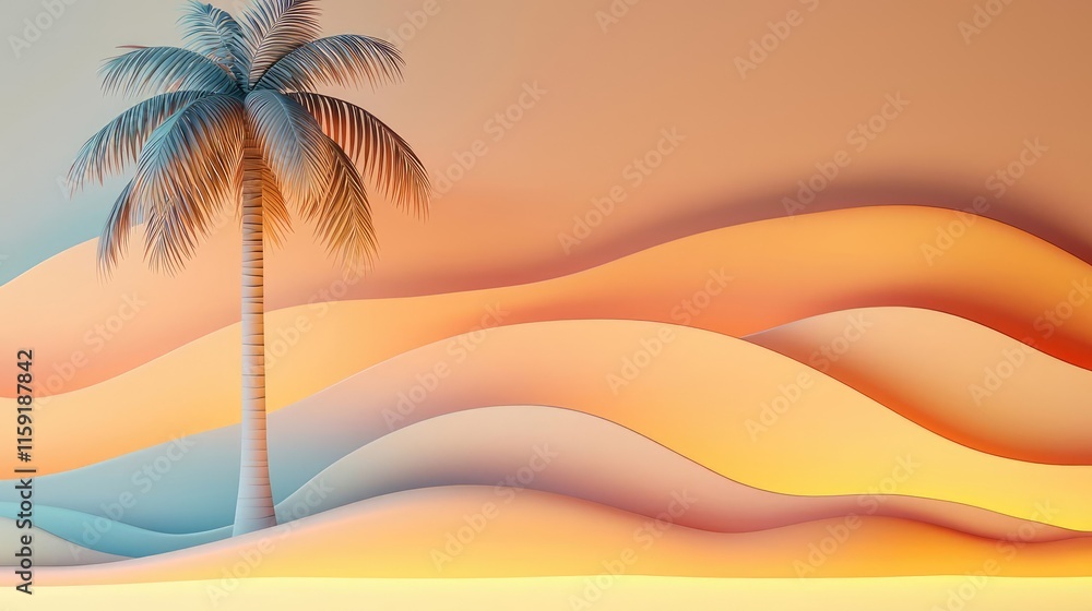 Poster palm tree abstract background idea. a vibrant abstract landscape with a palm tree and wavy colors of