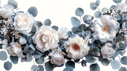 White flowers and eucalyptus form a serene arrangement