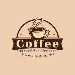 Brewed beverage logo featuring coffee cup with steam on a beige background representing warmth and comfort