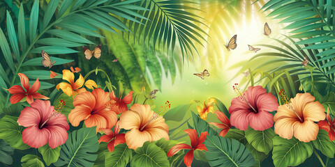 Lush Tropical Hibiscus Flowers Butterflies Palm Leaves Exotic Plants Summer Garden
