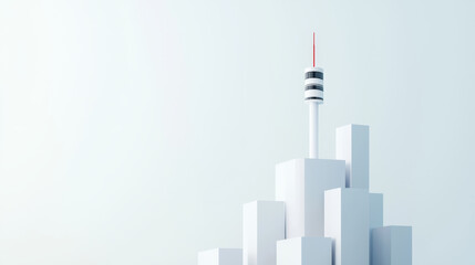 5G solutions concept. Futuristic urban landscape featuring minimalistic towers and communication antenna