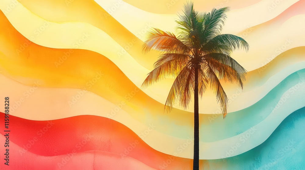 Poster palm tree abstract background idea. a vibrant palm tree silhouette against a colorful wavy backgroun