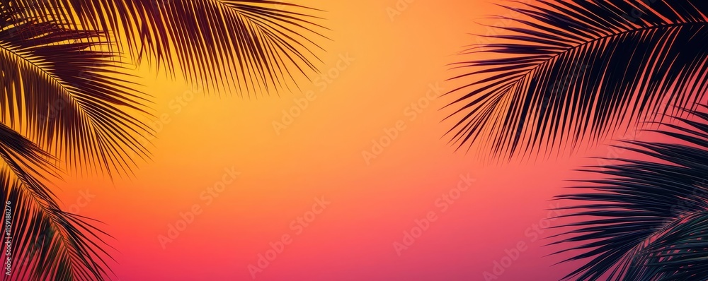 Poster palm tree abstract background idea. vibrant sunset with palm leaves framing a colorful sky, creating