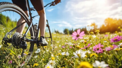 Naklejka premium Cycling Through a Sunny Meadow of Wildflowers