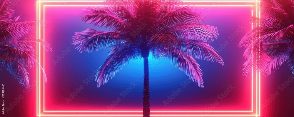 Poster palm tree abstract background idea. vibrant neon palm trees illuminated in colorful light against a 