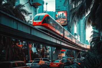 Fototapeta premium Trains travel through urban and tropical landscapes with vibrant surroundings. Public transport. AI generated image