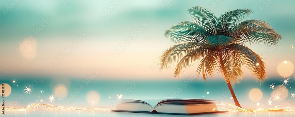 Poster palm tree abstract background idea. an open book resting near a palm tree under a serene beach sunse