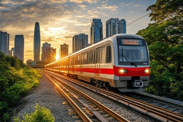 Naklejka premium Trains travel through urban and tropical landscapes with vibrant surroundings. Public transport. AI generated image
