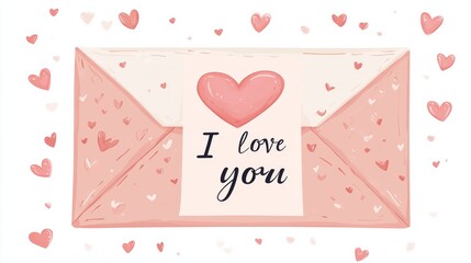 Love letter clipping for Valentine's day decoration isolated on white background. Beige and pink envelope with pink heart and I love you message on paper. Happy Valentine's day. 