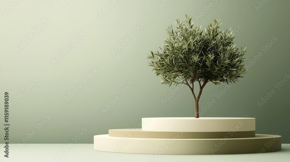 Poster olive tree abstract background concept. a minimalist olive tree displayed on circular pedestals agai