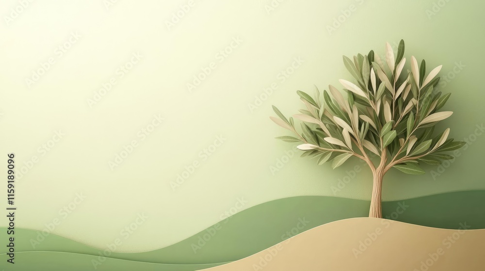 Poster olive tree abstract background concept. a serene paper art representation of a tree on a gentle land