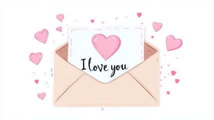 Love letter clipping for Valentine's day decoration isolated on white background. Beige and pink envelope with pink heart and I love you message on paper. Happy Valentine's day. 