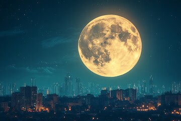 Giant Moon Over Illuminated City Skyline At Night