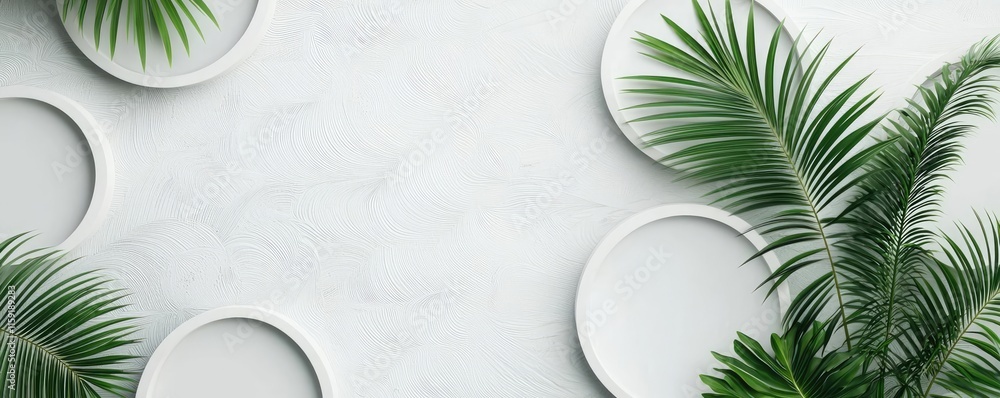 Poster palm tree abstract background idea. a modern, minimalistic display of green palm leaves against a cl