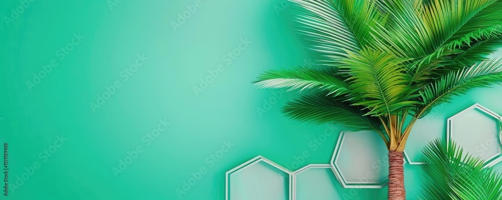 Poster palm tree abstract background idea. vibrant green background with a palm tree, adding a tropical tou