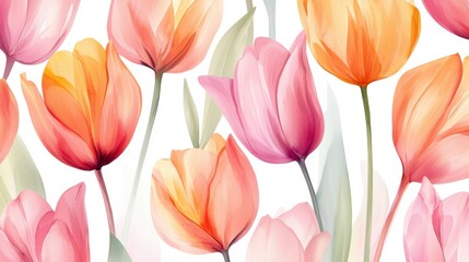 Fototapeta premium Vibrant and Colorful Tulip Floral Pattern with Soft Petals and Fresh Green Leaves
