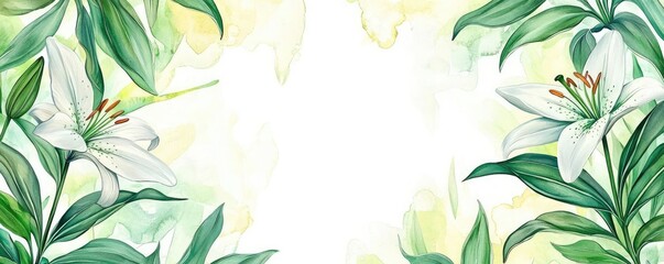 Lily leaves abstract background concept. Beautiful floral border featuring white lilies on a soft pastel background.