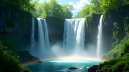 Serene Waterfall Landscape Lush Green Foliage Rainbow Mist