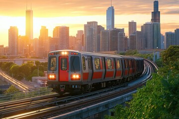 Naklejka premium Trains travel through urban and tropical landscapes with vibrant surroundings. Public transport. AI generated image